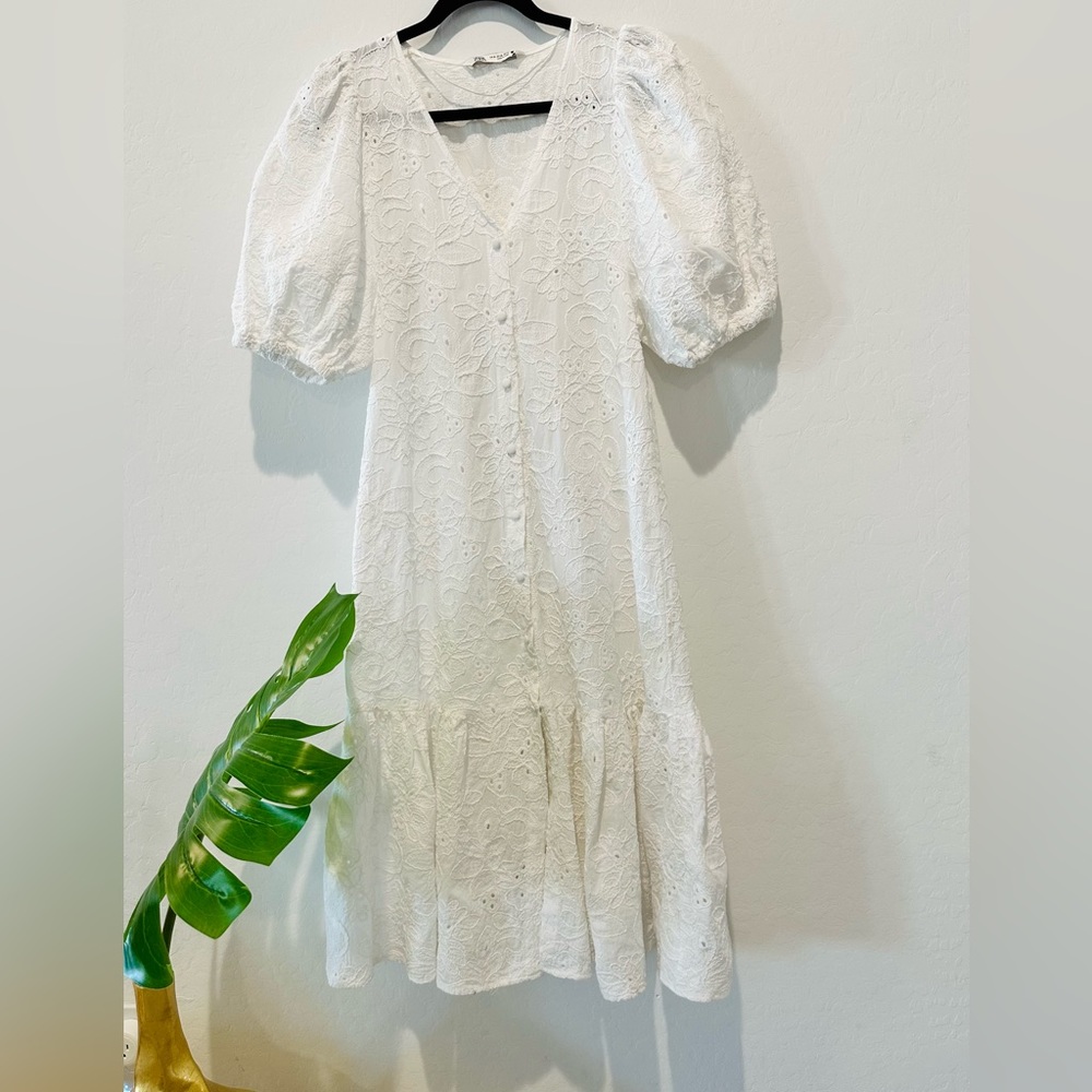 Zara Oyster White Embroidered Midi Dress